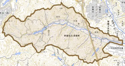 常磐松久須根町とその周辺の地図。町の範囲を重ねている