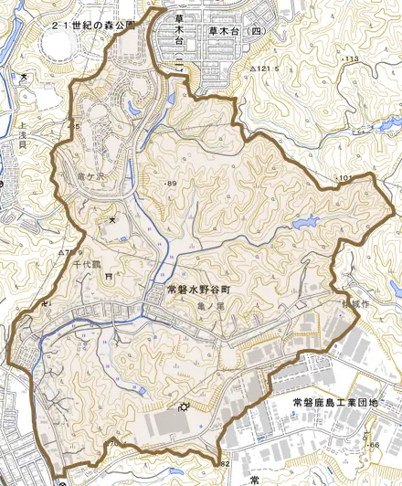 常磐水野谷町とその周辺の地図。町の範囲を重ねている