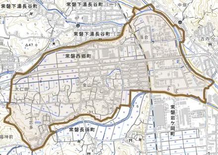 常磐西郷町とその周辺の地図。町の範囲を重ねている