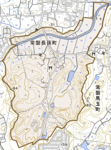 常磐長孫町とその周辺の地図。町の範囲を重ねている
