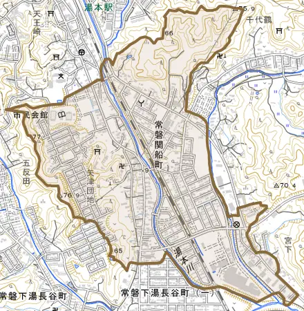 常磐関船町とその周辺の地図。町の範囲を重ねている