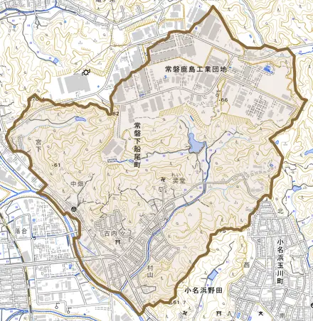 常磐下船尾町とその周辺の地図。町の範囲を重ねている