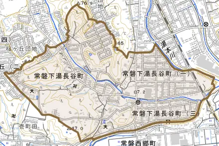 常磐下湯長谷町とその周辺の地図。町の範囲を重ねている