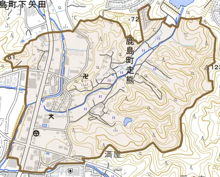 鹿島町走熊とその周辺の地図。町の範囲を重ねている