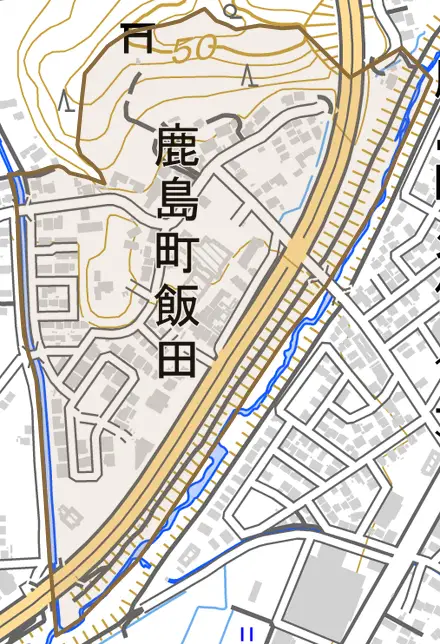 鹿島町飯田とその周辺の地図。町の範囲を重ねている