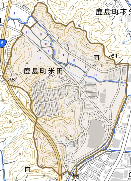 鹿島町米田とその周辺の地図。町の範囲を重ねている