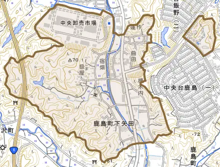 鹿島町下矢田とその周辺の地図。町の範囲を重ねている