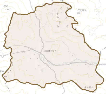 川前町小白井とその周辺の地図。町の範囲を重ねている