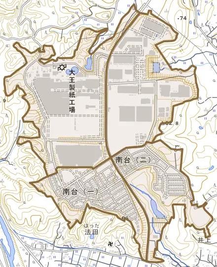南台とその周辺の地図。町の範囲を重ねている