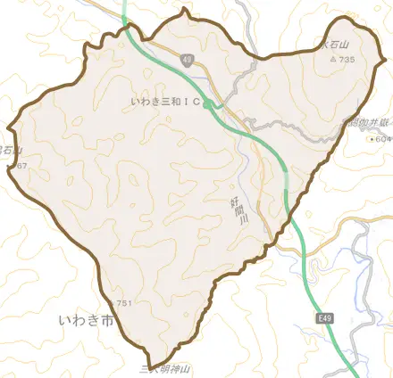 三和町合戸とその周辺の地図。町の範囲を重ねている