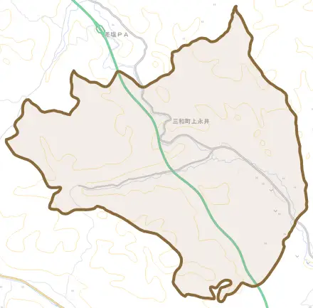 三和町上永井とその周辺の地図。町の範囲を重ねている