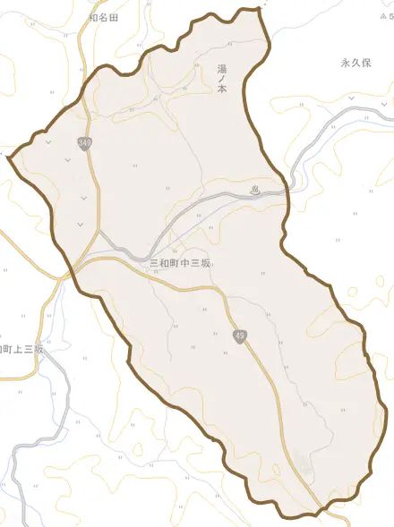 三和町中三坂とその周辺の地図。町の範囲を重ねている