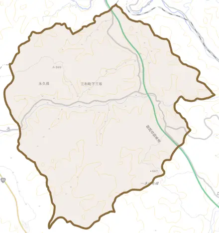 三和町下三坂とその周辺の地図。町の範囲を重ねている