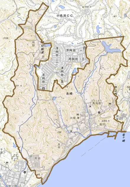 永崎とその周辺の地図。町の範囲を重ねている