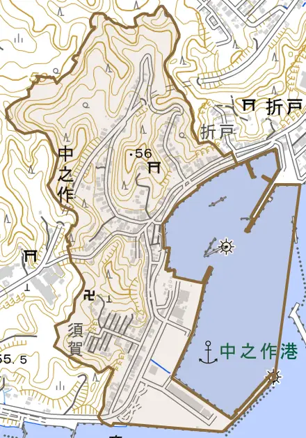 中之作とその周辺の地図。町の範囲を重ねている