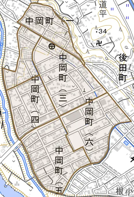 中岡町とその周辺の地図。町の範囲を重ねている