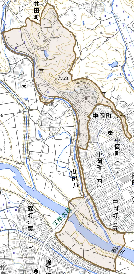 仁井田町とその周辺の地図。町の範囲を重ねている