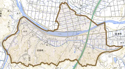 沼部町とその周辺の地図。町の範囲を重ねている