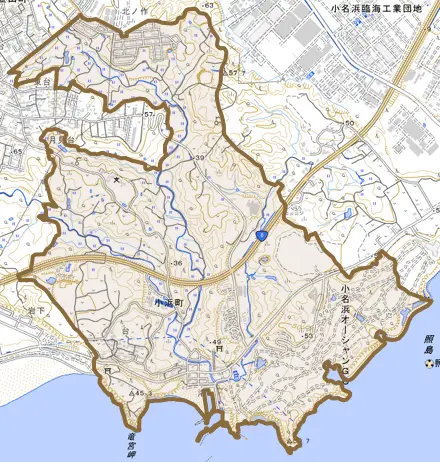 小浜町とその周辺の地図。町の範囲を重ねている