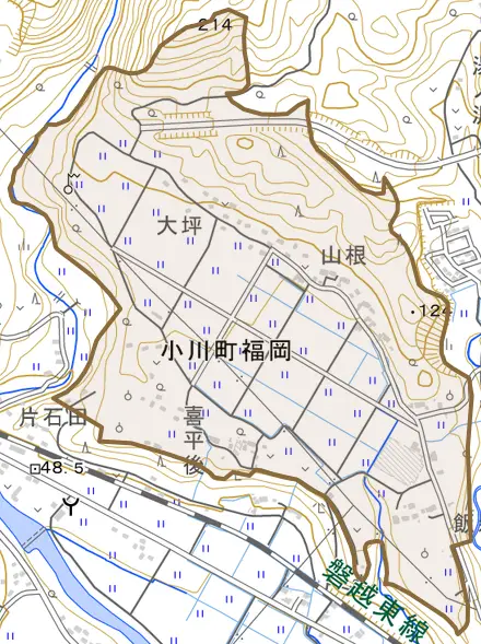 小川町福岡とその周辺の地図。町の範囲を重ねている