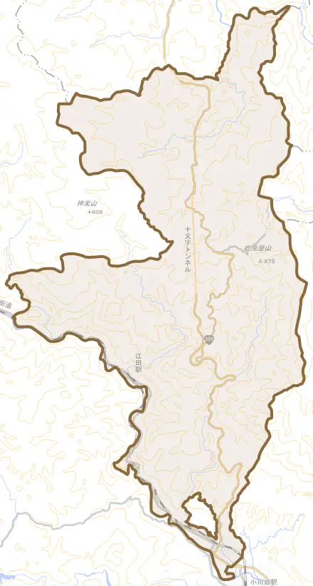 小川町上小川とその周辺の地図。町の範囲を重ねている