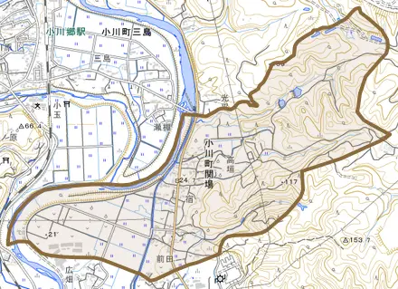小川町関場とその周辺の地図。町の範囲を重ねている