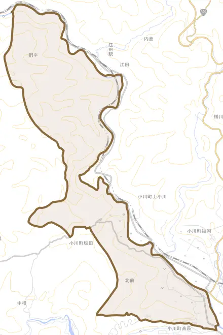小川町塩田とその周辺の地図。町の範囲を重ねている