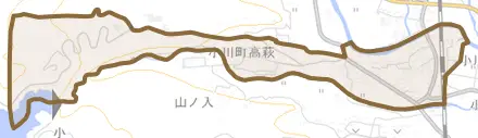 小川町高萩とその周辺の地図。町の範囲を重ねている
