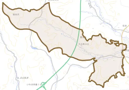 大久町小久とその周辺の地図。町の範囲を重ねている