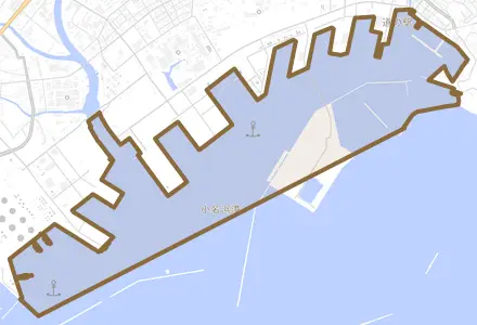 小名浜とその周辺の地図。町の範囲を重ねている