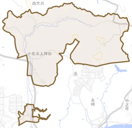 小名浜上神白とその周辺の地図。町の範囲を重ねている
