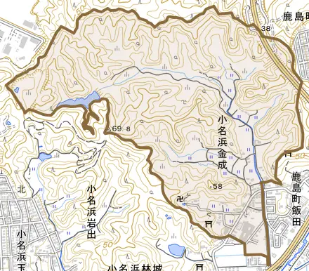 小名浜金成とその周辺の地図。町の範囲を重ねている