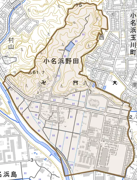 小名浜野田とその周辺の地図。町の範囲を重ねている