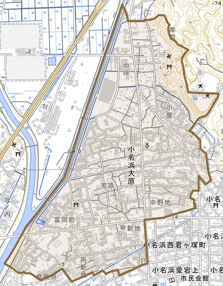 小名浜大原とその周辺の地図。町の範囲を重ねている