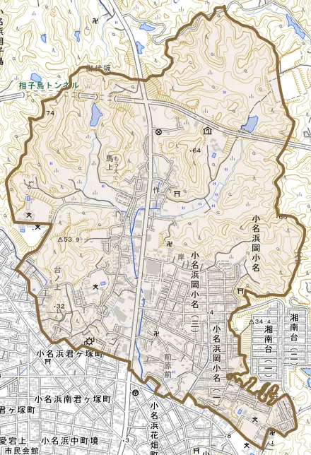 小名浜岡小名とその周辺の地図。町の範囲を重ねている