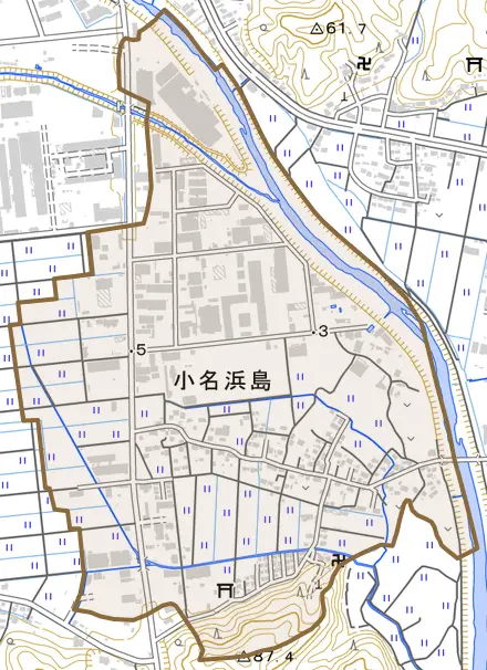 小名浜島とその周辺の地図。町の範囲を重ねている