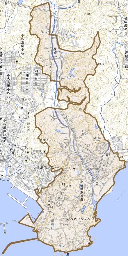 小名浜下神白とその周辺の地図。町の範囲を重ねている
