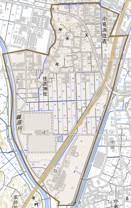 小名浜住吉とその周辺の地図。町の範囲を重ねている