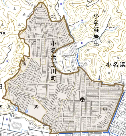 小名浜玉川町とその周辺の地図。町の範囲を重ねている