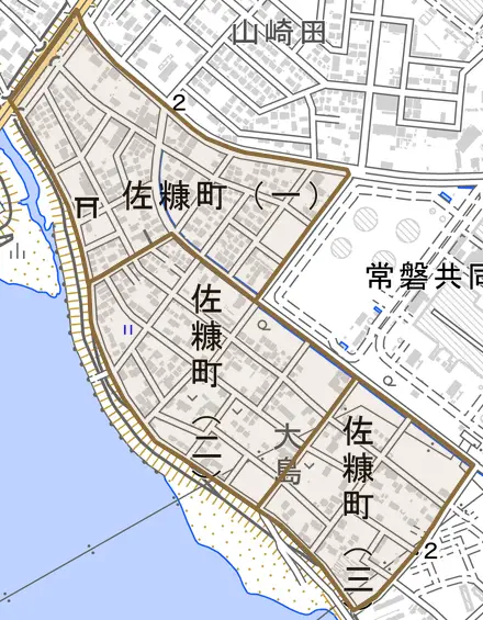 佐糠町とその周辺の地図。町の範囲を重ねている