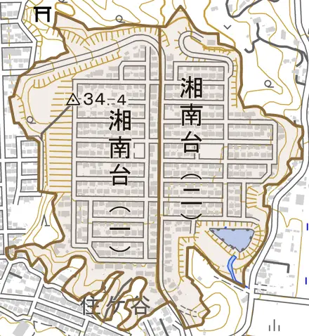 湘南台とその周辺の地図。町の範囲を重ねている