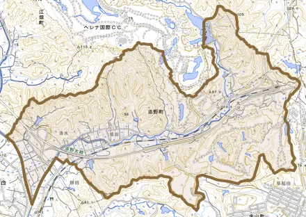 添野町とその周辺の地図。町の範囲を重ねている