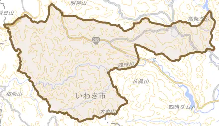 田人町旅人とその周辺の地図。町の範囲を重ねている