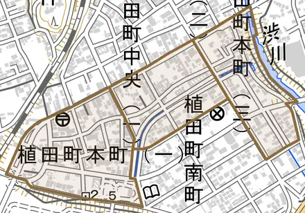植田町本町とその周辺の地図。町の範囲を重ねている