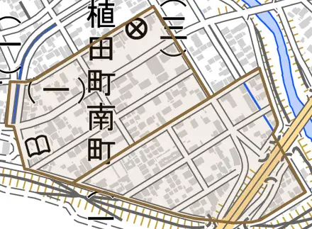 植田町南町とその周辺の地図。町の範囲を重ねている