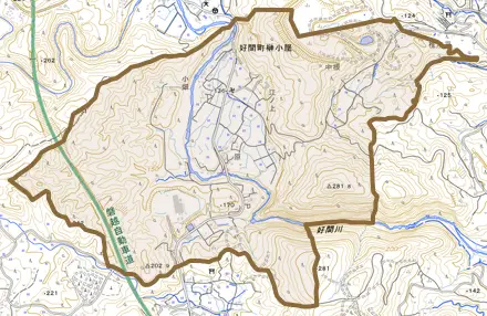 好間町榊小屋とその周辺の地図。町の範囲を重ねている