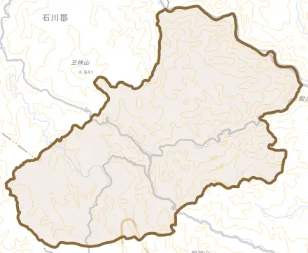 田人町貝泊とその周辺の地図。町の範囲を重ねている