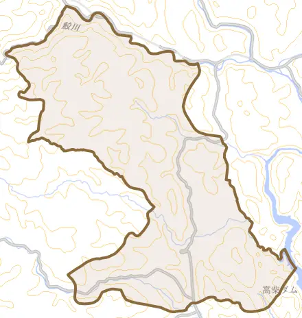 田人町黒田とその周辺の地図。町の範囲を重ねている