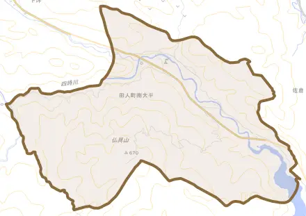 田人町南大平とその周辺の地図。町の範囲を重ねている