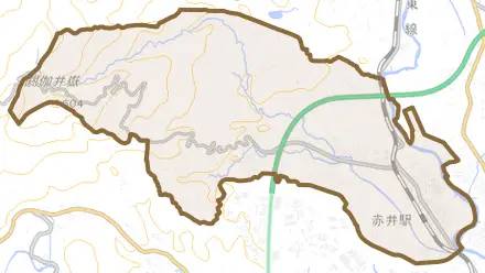 平赤井とその周辺の地図。町の範囲を重ねている